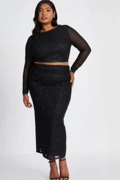Quiz Curve Glitter Mesh Midaxi Skirt Black Online