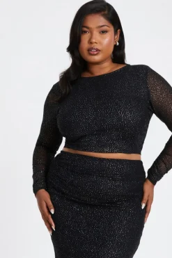 Quiz Curve Glitter Mesh Long Sleeve Top Black