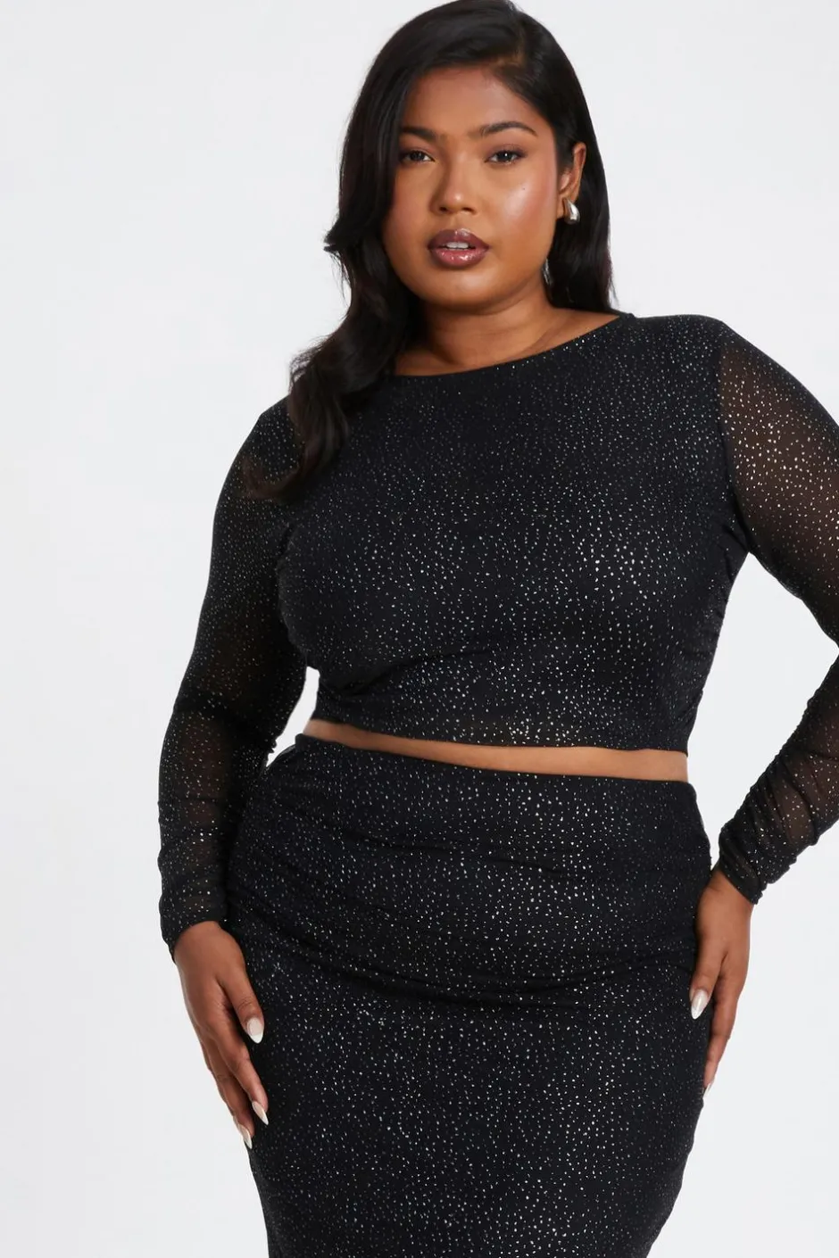 Quiz Curve Glitter Mesh Long Sleeve Top Black