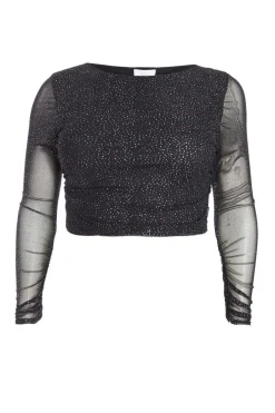 Quiz Curve Glitter Mesh Long Sleeve Top Black