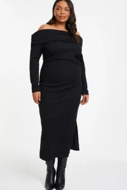 Quiz Curve Ribbed Bardot Bodycon Midi Dress Black Online