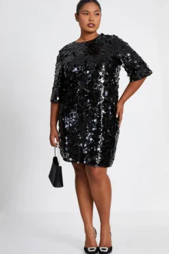 Quiz Curve Sequin Boxy Tunic Dress Black New
