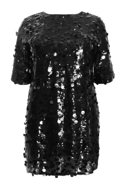 Quiz Curve Sequin Boxy Tunic Dress Black New
