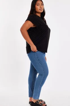 Quiz Curve Black Stud Detail Top Hot