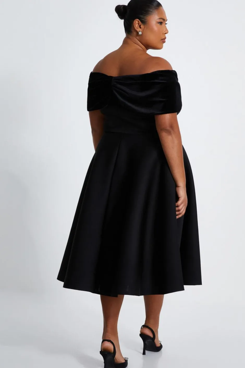 Quiz Curve Black Velvet Bardot Skater Dress Clearance