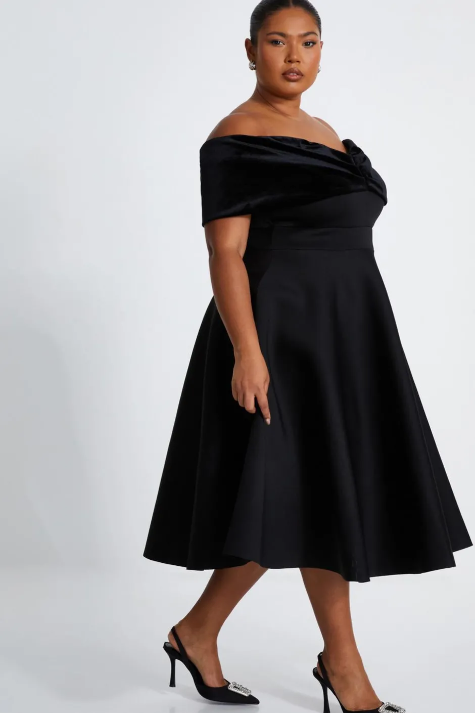 Quiz Curve Black Velvet Bardot Skater Dress Clearance