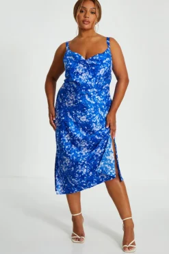 Quiz Curve Blue Ditsy Floral Satin Midaxi Dress Discount