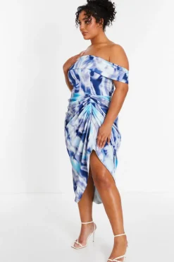 Quiz Curve Blue Marble Print Bardot Midi Dress Best