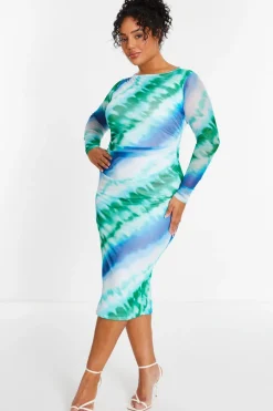 Quiz Curve Blue Ombre Mesh Midaxi Dress Clearance