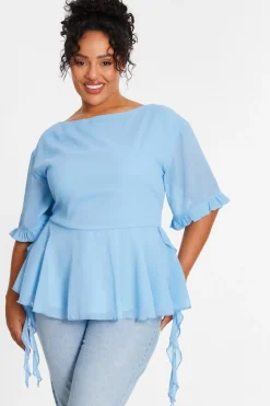 Quiz Curve Blue Ruffle Peplum Top