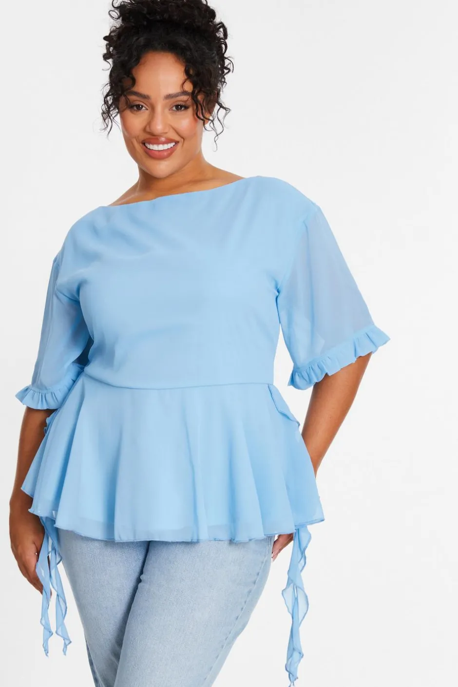 Quiz Curve Blue Ruffle Peplum Top