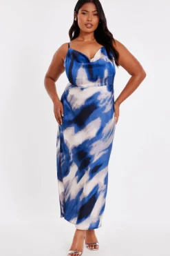 Quiz Curve Blue Satin Marble Midaxi Dress Outlet