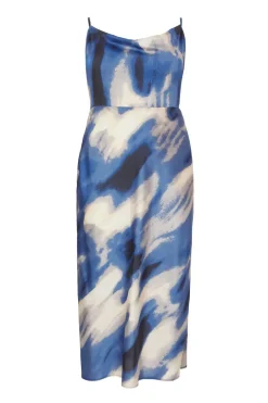 Quiz Curve Blue Satin Marble Midaxi Dress Outlet