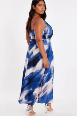 Quiz Curve Blue Satin Marble Midaxi Dress Outlet