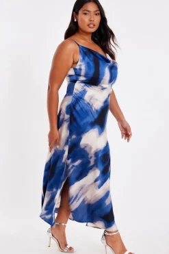 Quiz Curve Blue Satin Marble Midaxi Dress Outlet