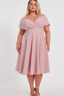 Quiz Curve Bardot Skater Midi Dress Blush New