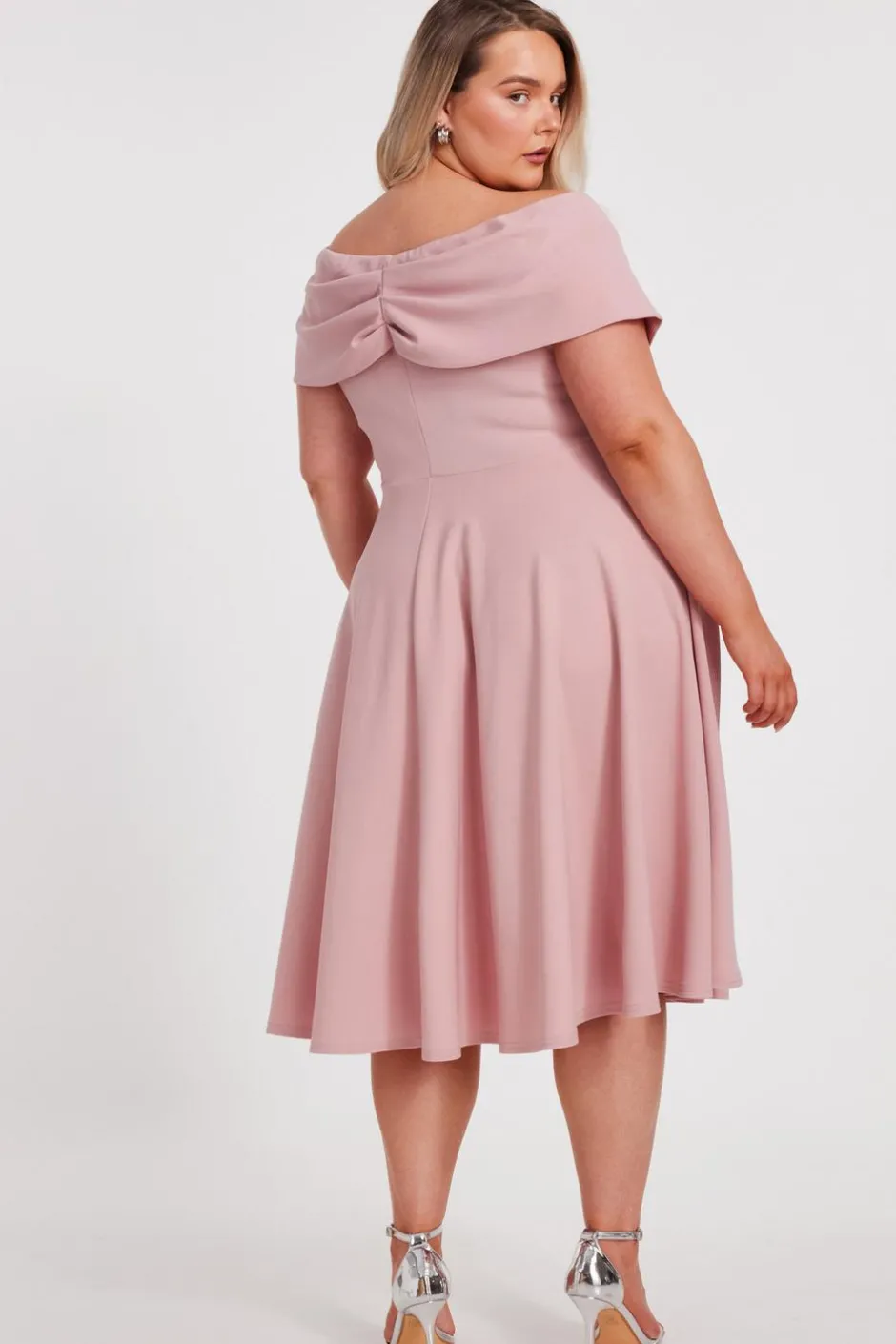 Quiz Curve Bardot Skater Midi Dress Blush New