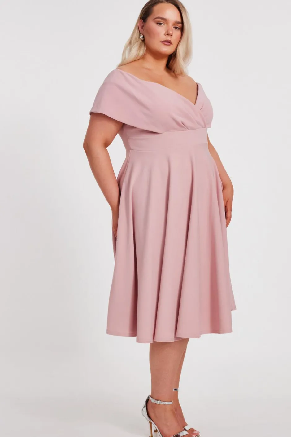 Quiz Curve Bardot Skater Midi Dress Blush New
