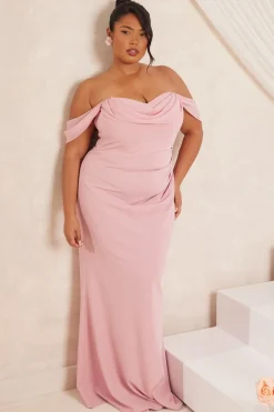 Quiz Curve Chiffon Bardot Maxi Dress Blush Sale