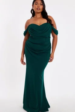 Quiz Curve Chiffon Bardot Maxi Dress Bottle Green