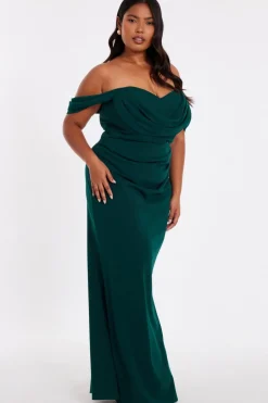 Quiz Curve Chiffon Bardot Maxi Dress Bottle Green