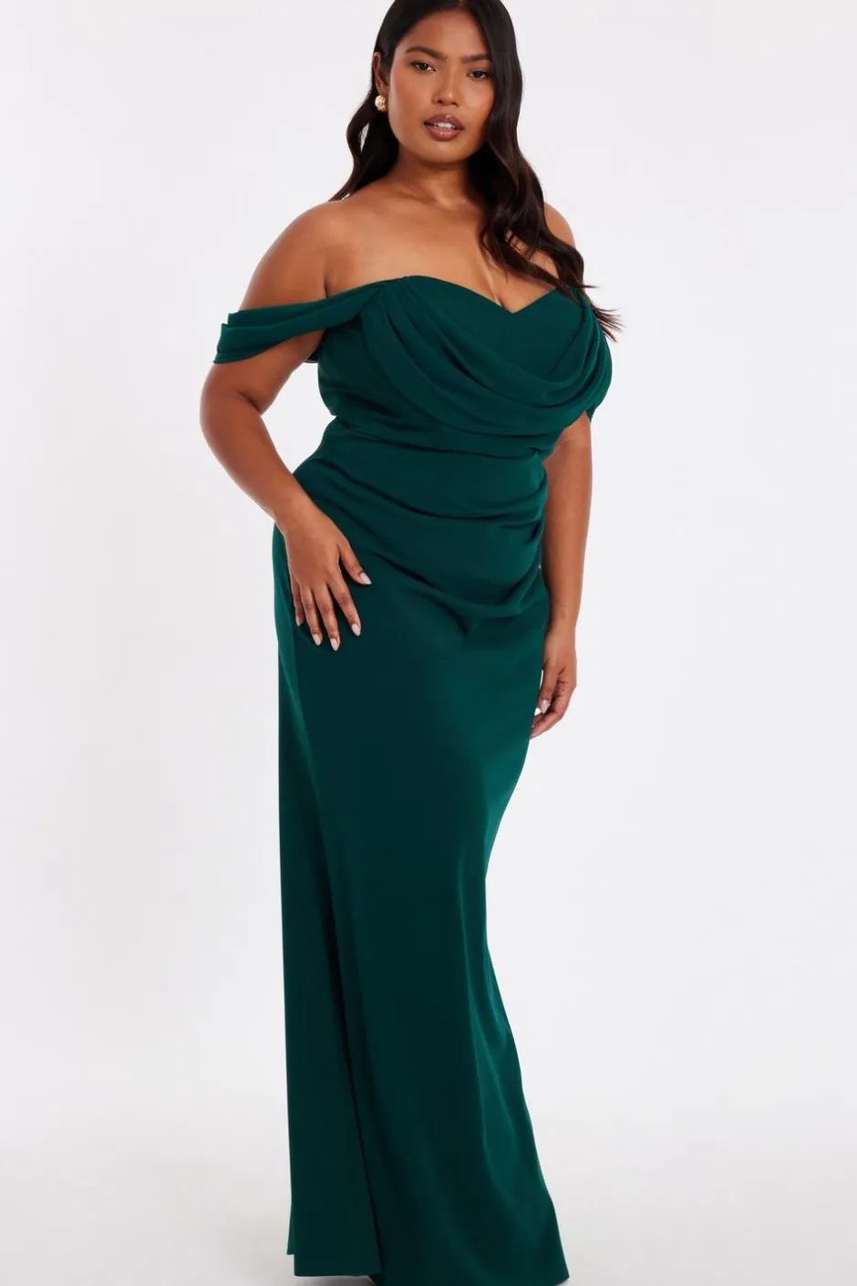 Quiz Curve Chiffon Bardot Maxi Dress Bottle Green