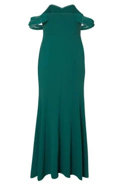 Quiz Curve Chiffon Bardot Maxi Dress Bottle Green