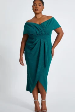 Quiz Curve Bottle Green Glitter Bardot Midi Dress Hot