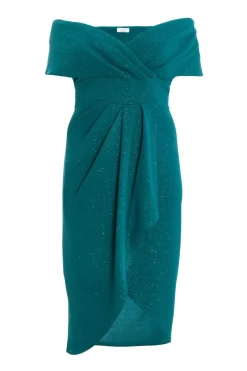 Quiz Curve Bottle Green Glitter Bardot Midi Dress Hot