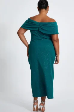 Quiz Curve Bottle Green Glitter Bardot Midi Dress Hot