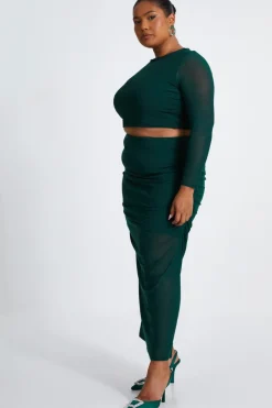 Quiz Curve Mesh Midaxi Skirt Bottle Green Discount