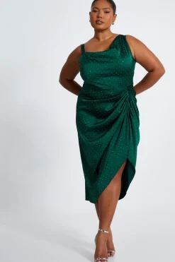Quiz Curve Rhinestone Satin Midi Dress Bottle Green Online
