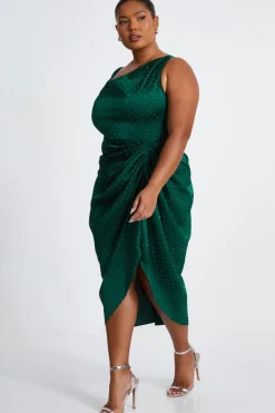 Quiz Curve Rhinestone Satin Midi Dress Bottle Green Online