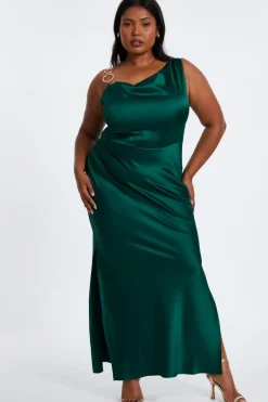 Quiz Curve Bottle Green Satin Ruched Midi Dress Sale