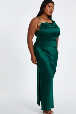 Quiz Curve Bottle Green Satin Ruched Midi Dress Sale
