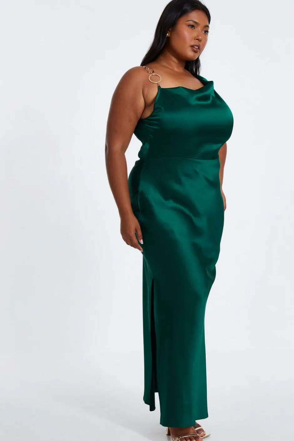 Quiz Curve Bottle Green Satin Ruched Midi Dress Sale