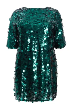 Quiz Curve Sequin Boxy Tunic Dress Bottle Green