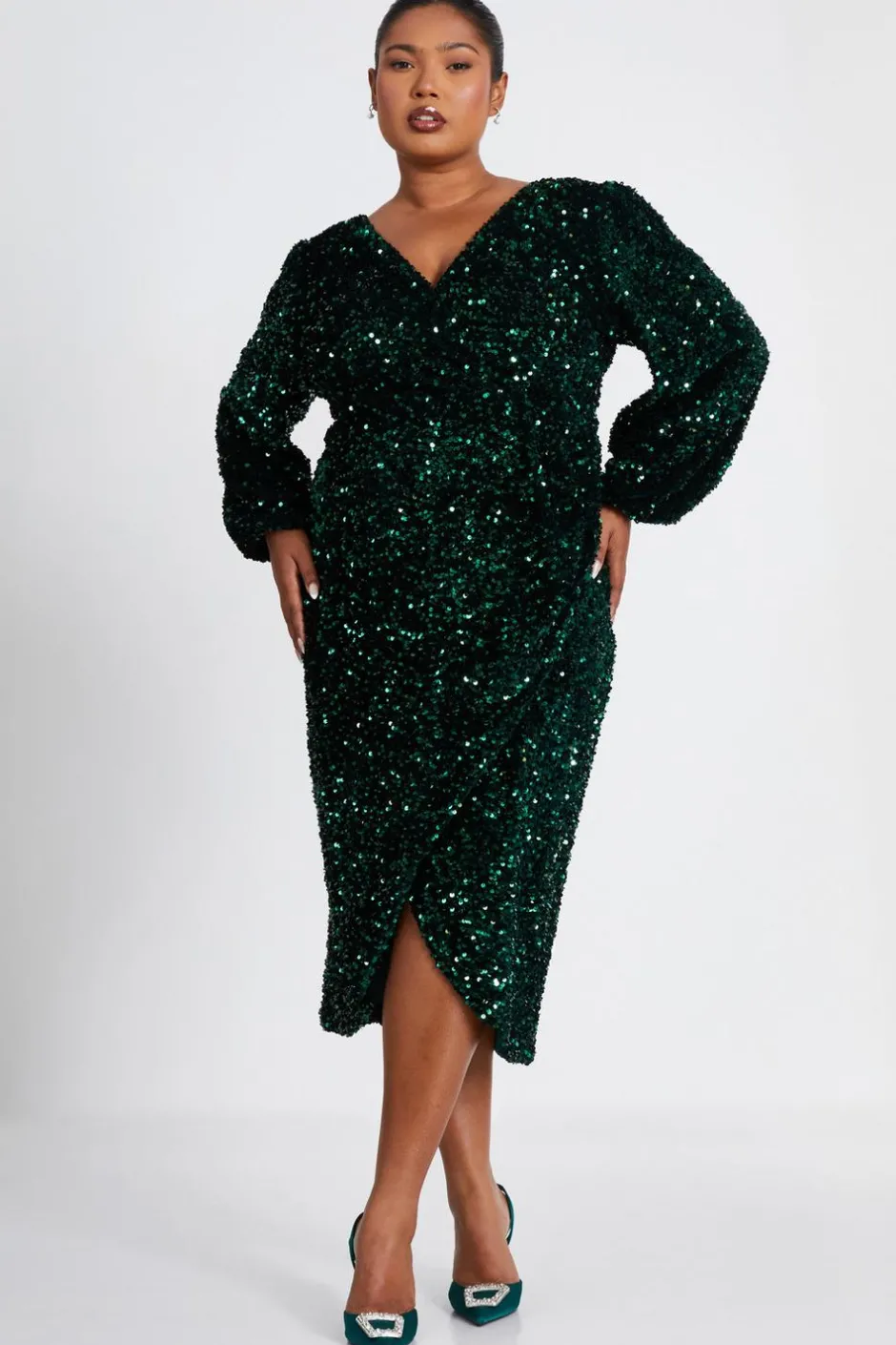 Quiz Curve Sequin Midi Dress Bottle Green Best