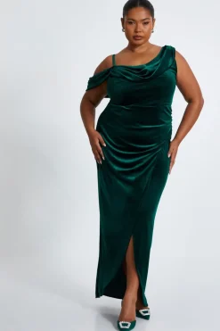 Quiz Curve Velvet Maxi Dress Bottle Green New