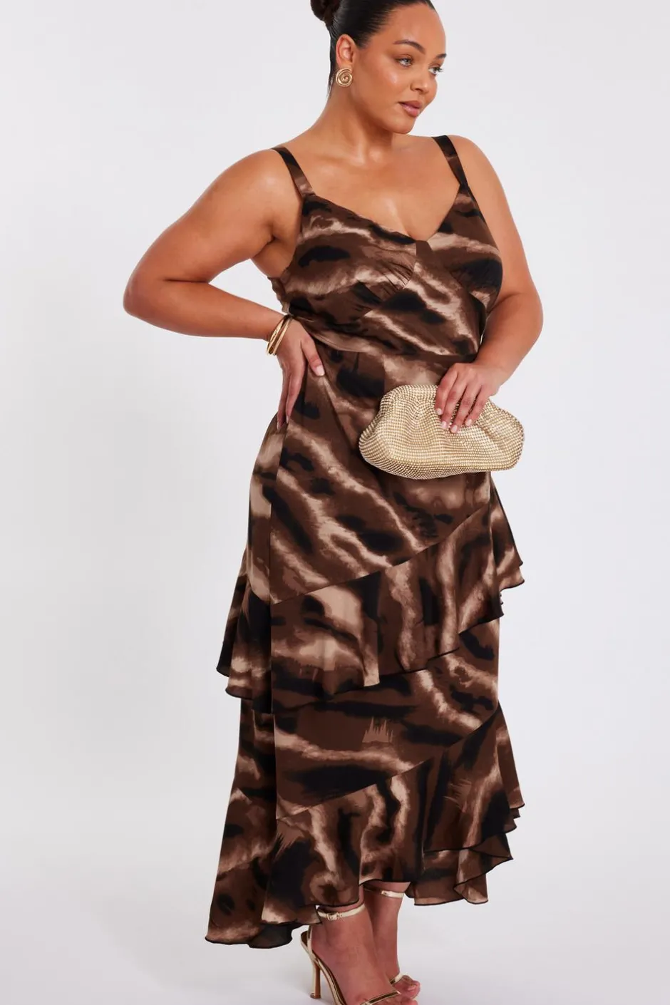 Quiz Curve Brown Abstract Chiffon Midaxi Dress Online