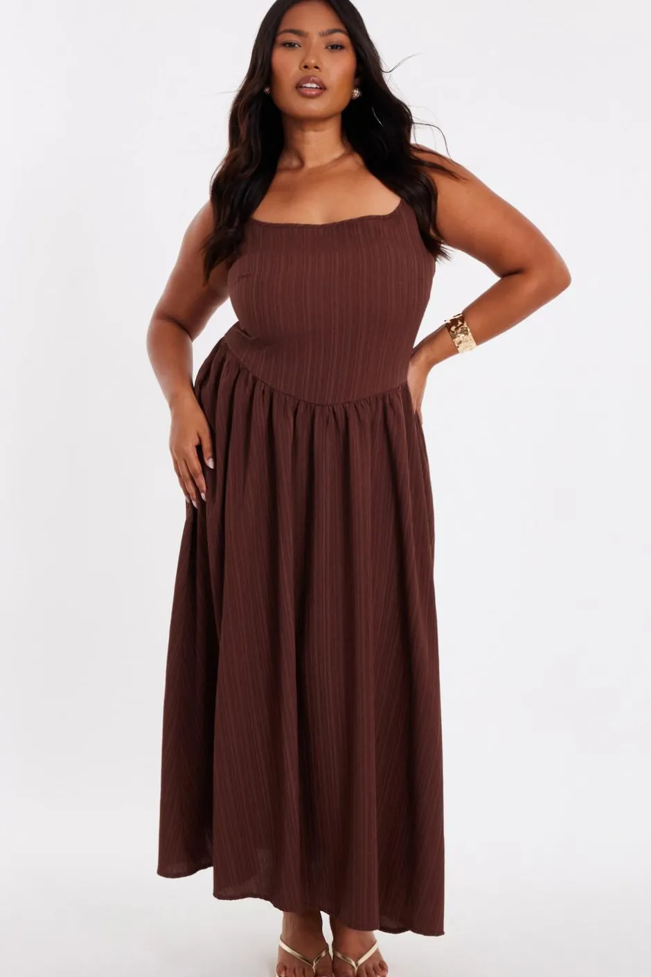 Quiz Curve Drop Waist Midaxi Dress Brown