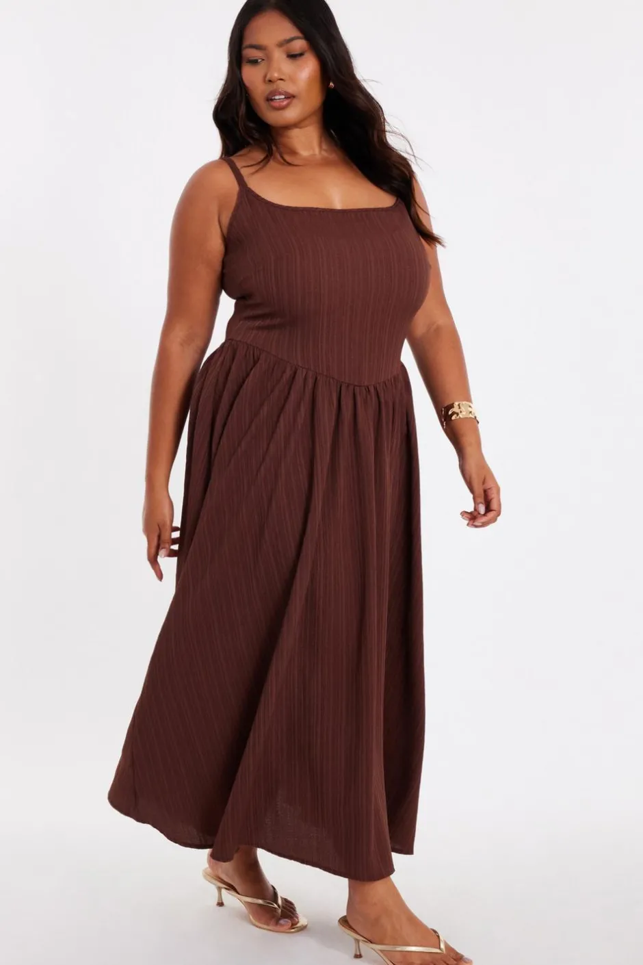 Quiz Curve Drop Waist Midaxi Dress Brown