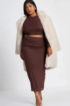 Quiz Curve Glitter Mesh Midaxi Skirt Brown