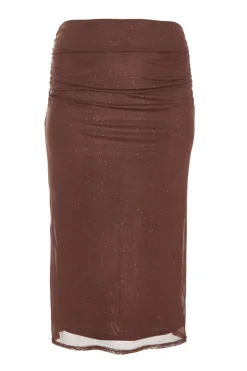 Quiz Curve Glitter Mesh Midaxi Skirt Brown