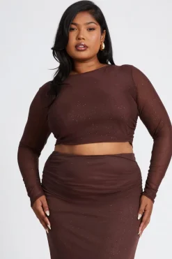Quiz Curve Glitter Mesh Long Sleeve Top Brown Clearance