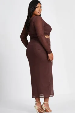 Quiz Curve Glitter Mesh Long Sleeve Top Brown Clearance