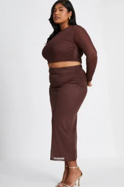 Quiz Curve Glitter Mesh Long Sleeve Top Brown Clearance