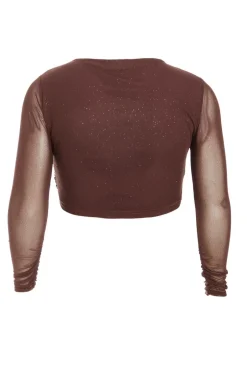 Quiz Curve Glitter Mesh Long Sleeve Top Brown Clearance