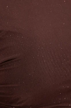Quiz Curve Glitter Mesh Long Sleeve Top Brown Clearance