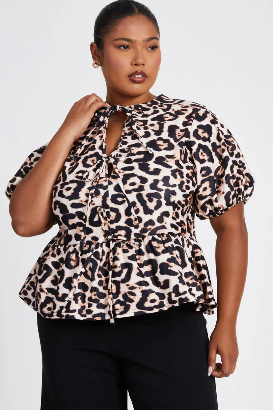 Quiz Curve Leopard Print Tie Top Brown Sale